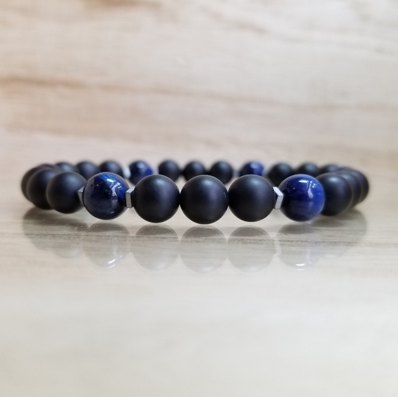 Blue Tiger Eye & Onyx Gemstone Stretch Bra… - Picture 2 of 7